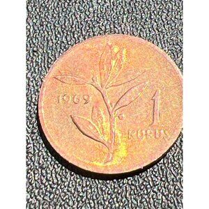 1969 Turkish 1 Kurus Copper Coin With Crescent Moon & Star Design